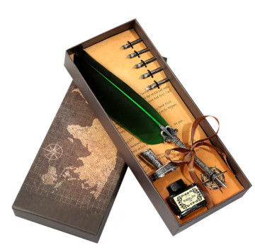Calligraphy Feather Dip Pen with 2 Nib Set Quill Fountain Writing Pen Gift Box(No Ink) - Green